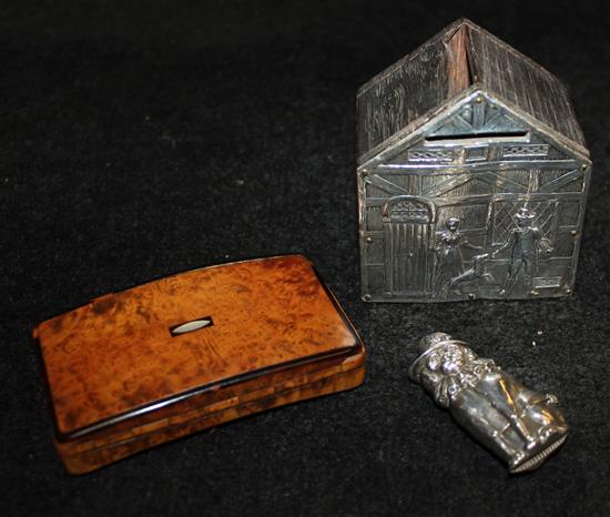 Edwardian silver mounted wooden money box, a silver vesta and a tortoiseshell and  burr walnut snuff box